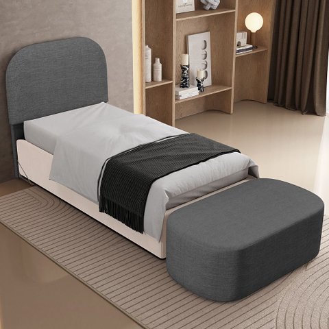 Cabeceira Cama Box 100cm Lanna com Puff Recamier Doha W01 Linho Cinza Escuro - Lyam Decor