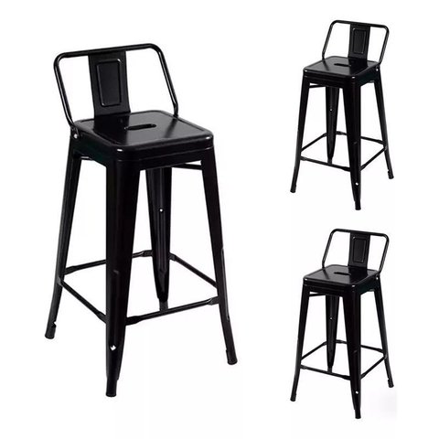 Kit com 3 Banquetas Alta com Encosto Design Tolix Iron Aço Carbono Preta