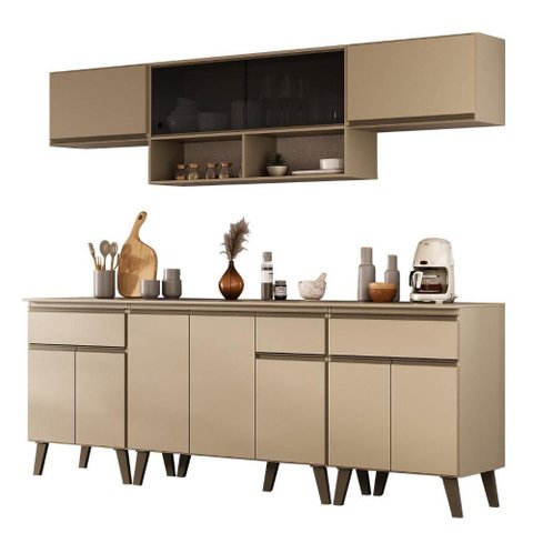 Armário de Cozinha Completa Atlanta Smart 6 Módulos Amêndoa Móveis Carraro