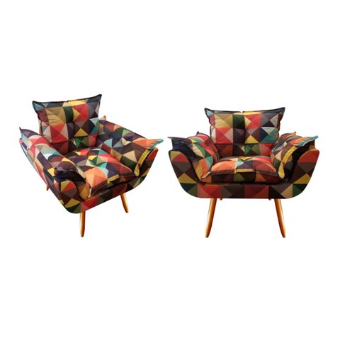 Kit 2 Poltronas Decorativa Opala Suede Triângulo Pés Madeira Ms Decor