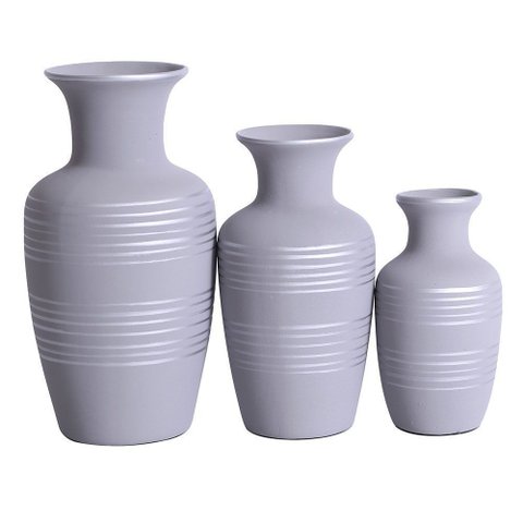 Trio Vasos Urnas Jad em Cerâmica Fosca Decorativas - Cinza Silver