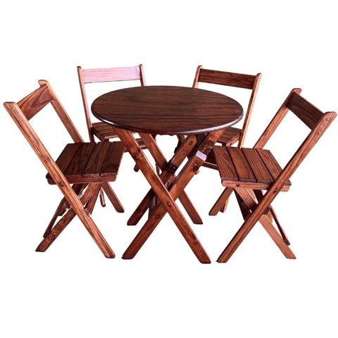 Conjunto Mesa Redondo 70cm Dobrável com 4 Cadeiras em Madeira Maciça - Imbuia