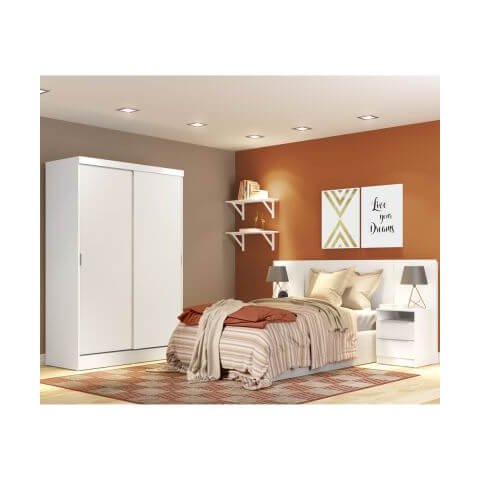 Quarto Completo com Guarda-Roupa Luke e Cabeceira com 2 Mesas de Cabeceira Madesa Branco Cor:Branco
