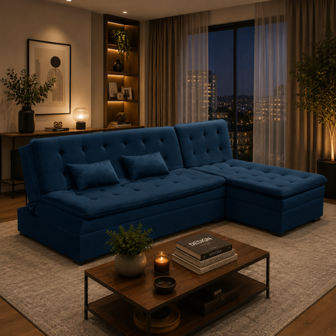 Sofá Cama King 5 Lugares 270cm Alexa Suede Azul