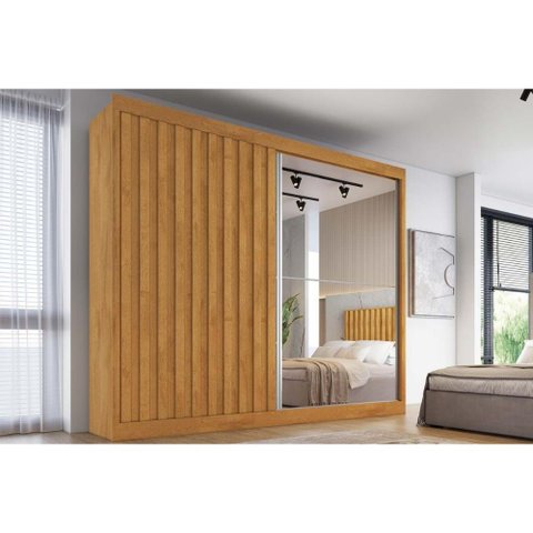 Guarda Roupa Casal 2 Portas de Correr (1 Ripada e 1 C/ Espelho) e 4 Gavetas Atlanta Peroba - Europa
