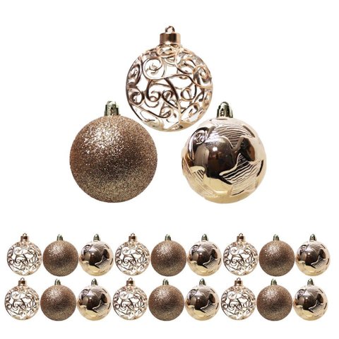 Kit 18 Bolas de Natal Champanhe Luxo 6cm Mistas com Glitter, Estrela, Arabesco e Vazado