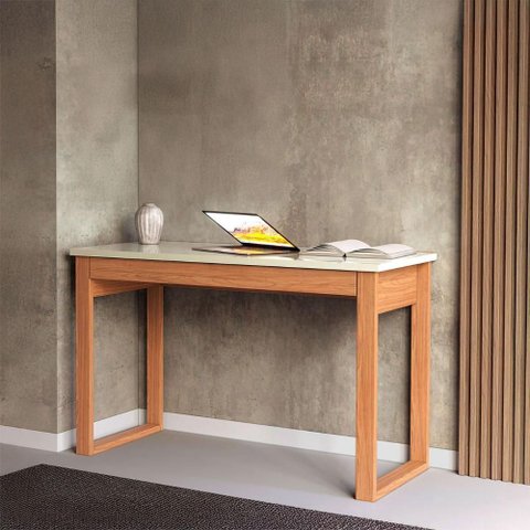 Mesa Escrivaninha Industrial com Gaveta Dalla Costa 100% Mdf Cor:off White com Freijó
