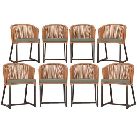 8 Cadeiras de Jantar Área Noronha em Alumínio com Pintura Marrom Corda Náutica Estofado 8 Trama Orig