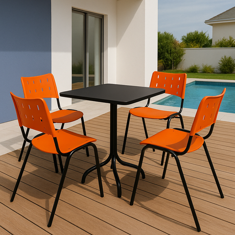Jogo Mesa 70x70 Preta para Sorveterias e Restaurantes com 4 Cadeiras Iso Laranja