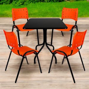 Jogo Mesa 70x70 Preta para Sorveterias e Restaurantes com 4 Cadeiras Iso Laranja