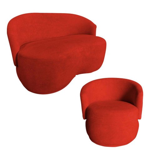 Kit Namoradeira + Poltrona Decorativa Beatriz Orgânica Couro Vermelho