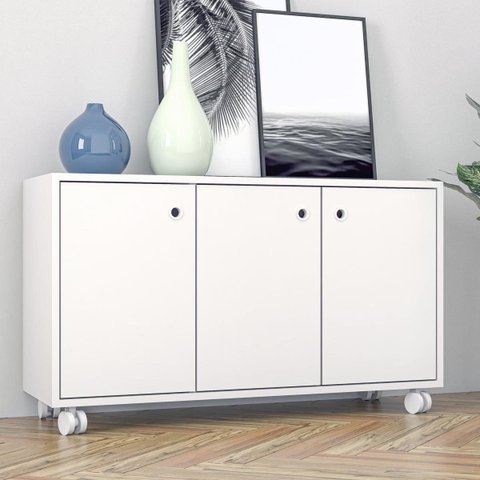 Balcão Aparador 90x53,5cm com 3 Portas e 4 Rodízios Branco BHO25