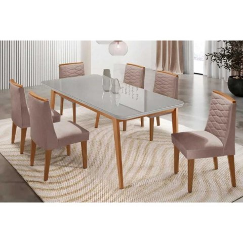 Conjunto: Mesa Sala Jantar Havana Tampo c/ Vidro Curvo 180cm+6 Cadeiras Maldivas Madeira Naturale/