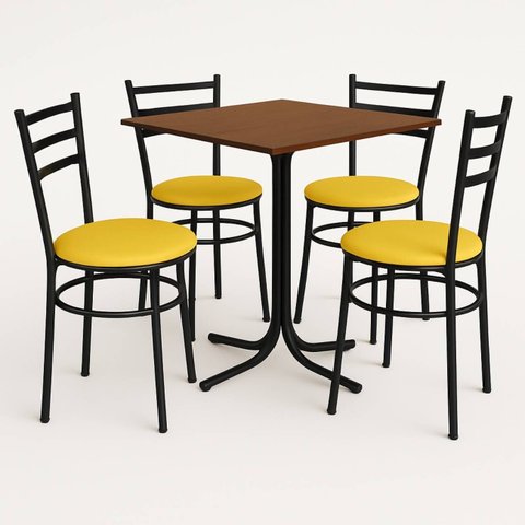 Conjunto Mesa Preta 70x70cm Tampo Imbuia com 4 Cadeiras Epoxi