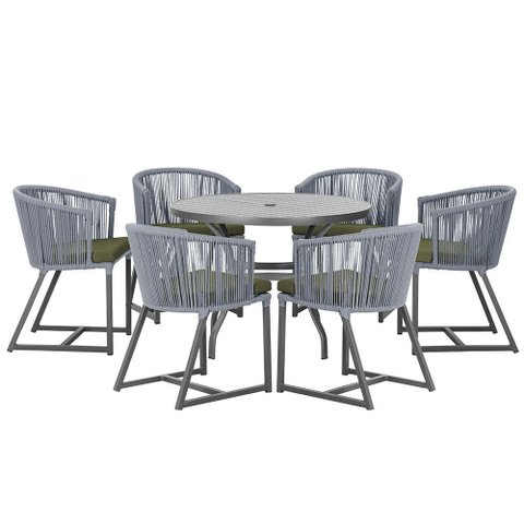 Mesa com 6 Cadeiras de Jantar Roma 120cm e Noronha em Alumínio Preto Corda Náutica Estofado 13 Trama