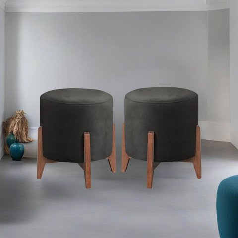 Kit 2 Puff Decorativo para Sala Redondo Luxo Roma Corino:preto