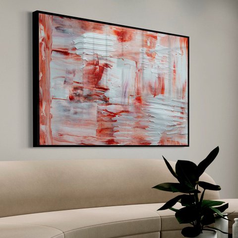 Quadro Decorativo Abstrato Vermelho e Branco em Moldura Caixa Tacolado Moldura Trad 1cm Madeira Escu