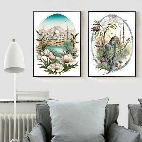 Kit 2 Quadros Decorativos Aquarelas Muçulmanas 45x34cm - com Vidro:madeira Branca