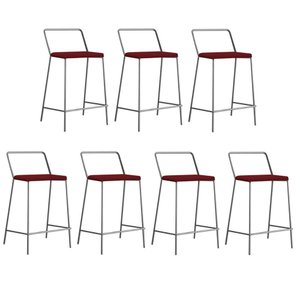 Kit 07 Banqueta Alta Com Encosto Mili Industrial Cozinha Bistrô Ferro Prata Suede Vermelho - Amey De