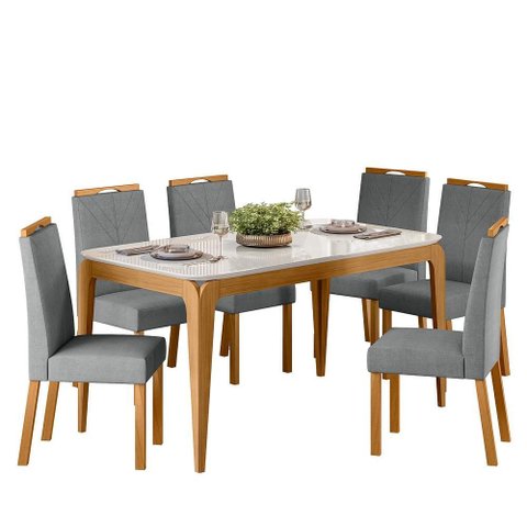Conjunto Sala de Jantar Mesa Aurea 160x90 6 Cadeiras Anitta Ype/off White/linho Cinza Claro