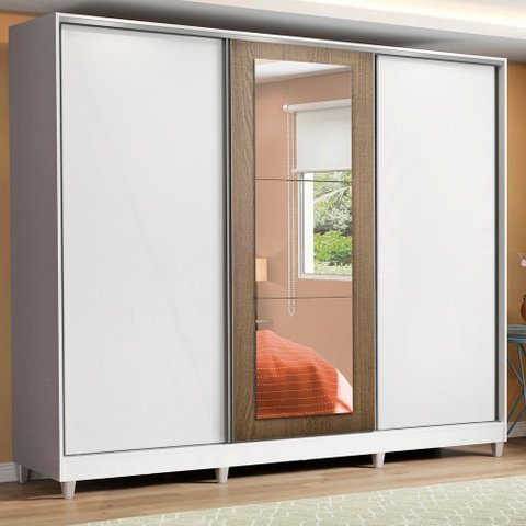 Guarda-Roupa Casal 100% MDF Madesa Eros 3 Portas de Correr com Espelho com Pés Branco/Branco/Rustic