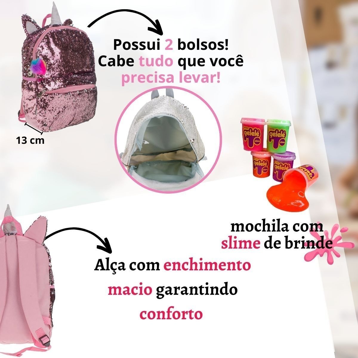 Mochila Escolar UP4YOU Petit Slime 3 Bolsos de Costas Bolsa Colorida Passeio Escola Menina Criança L - 2