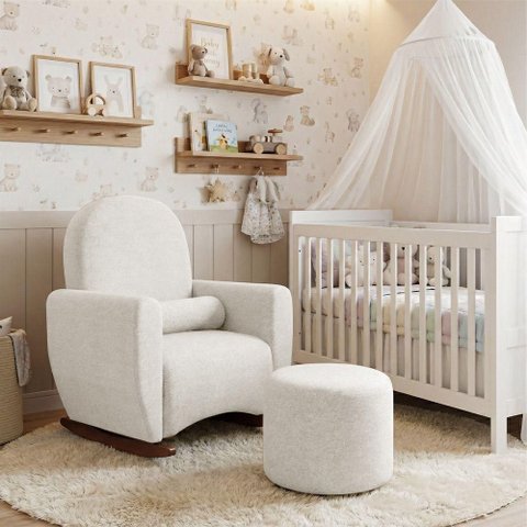 Poltrona de Balanço Lara com Puff Amamentação Chenille Off White Conforto Lara Decorações