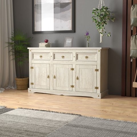Aparador Buffet em Madeira 3 Portas 3 Gavetas 150 Cm Patina Branca Elliottiis