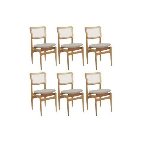 Cadeiras Cozinha Stela 1cmm013ca Premium Madeira Maciça Kit 6 Un Carvalho/linho Bege Caqui/tela