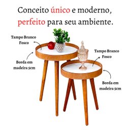 Jogo Mesa Apoio Lateral Canto Sofá Sala Estar Casa Redonda Ambiente Pequena:Tampos Brancos Pés Madei - 5