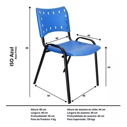 Kit Com 6 Cadeiras Iso Para Escola Escritório Comércio Azul Base Preta - 4