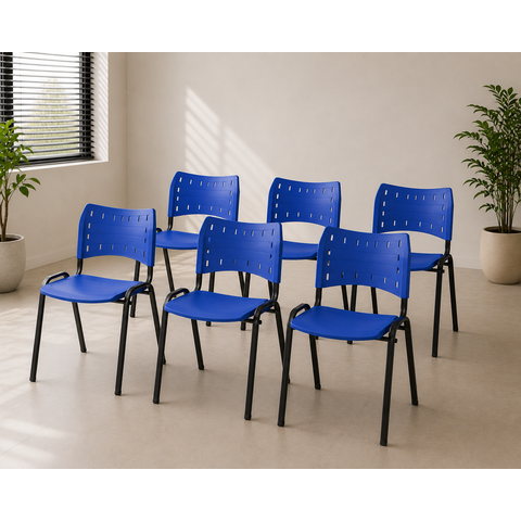 Kit com 6 Cadeiras Iso para Escola Escritório Comércio Azul Base Preta