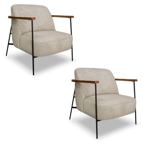 Kit 2 Poltronas Decorativa Celeste Linho Bouclê Base de Ferro Preto - Pallazio Cor Bege