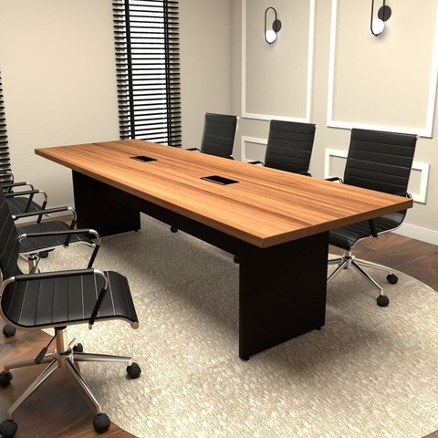 Mesa Reunião Escritório 6 Lugares 250x90cm 2 Caixas de Tomadas Pés Painel 100% MDF Corporate