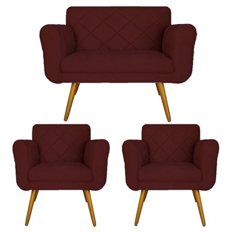 Combo Namoradeira e 2 Poltrona Decorativa Para Escritório Isabella Suede Vermelho Bordô - LM DECOR
