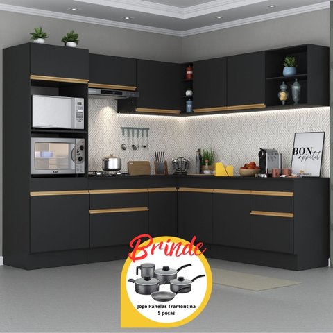 Armário Cozinha Completa Canto Veneza Mp2080 Multimóveis + Brinde Jogo de Panelas Tramontina Preta