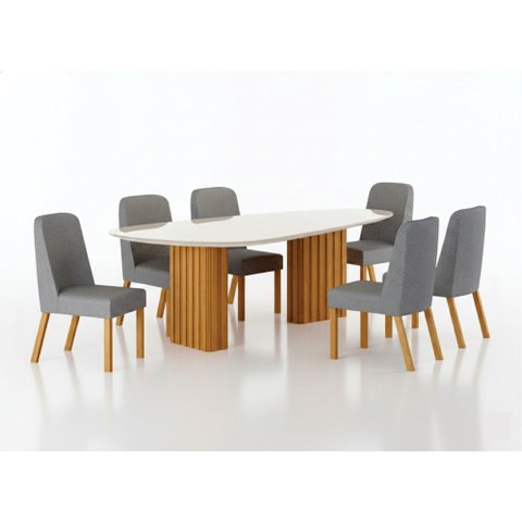 Conjunto Sala de Jantar Ísis 2,00m com 6 Cadeiras Tampo Orgânico Off White c/ Vidro Cinamomo/Linho C