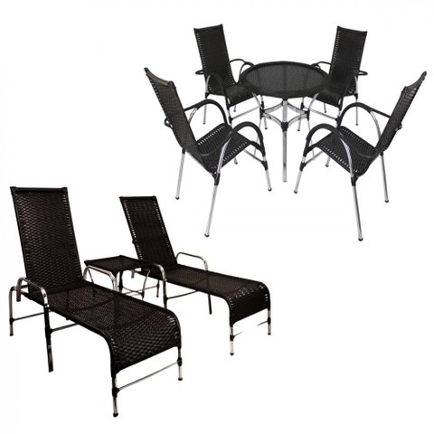 Kit 4 Cadeiras Vênus e Mesa Garden, 2 Espreguiçadeiras Catar e Mesa Emily para Jardim, Piscina Trama
