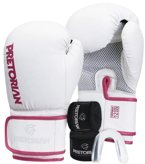 Kit Luva de Boxe Muay Thai Pretorian Firts Fx- 2 + Bandagem e Protetor Bucal - Branco/rosa - 1