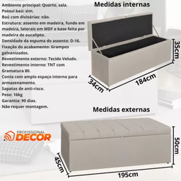 Calçadeira Baú Recamier King 195cm Carla Veludo:bege - 3