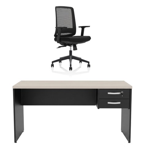 Conjunto Mesa de Escritório 160x60cm com Gaveta + Cadeira Netflex Ergonômica Premium