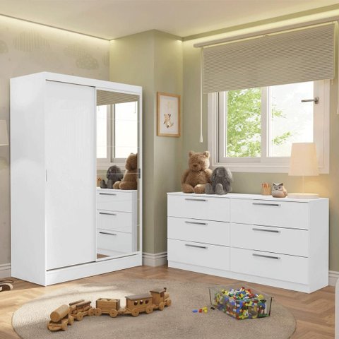 Kit Guarda-roupa Infantil Max 2 Portas de Correr com Espelho + Cômoda Branco Madesa