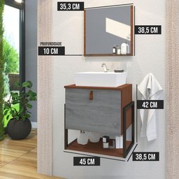 Gabinete de Banheiro Vegas 1 Prateleira 1 Porta 45cm Natura e Cinza Rovere - Cinza - 3