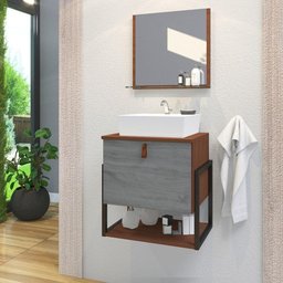 Gabinete de Banheiro Vegas 1 Prateleira 1 Porta 45cm Natura e Cinza Rovere - Cinza - 1