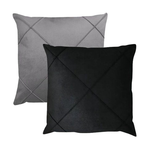 Kit 2 Capas para Almofada Drapeada em Veludo Quadrada 43x43 com Enchimento 45x45 Cor:preto e Cinza C