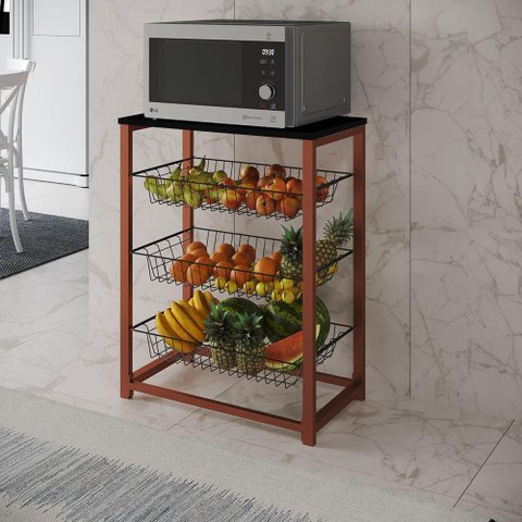 Fruteira com Suporte para Micro-ondas Barcelona Aço Cobre Cesto Preto Tampo Preto - Cor: Marrom