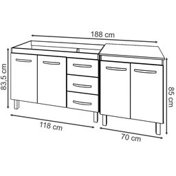 Armário Cozinha Gabinete Pia de 120 Cm Bruna e Balcão Jane para Forno Elétrico ou Microondas Branco - 6