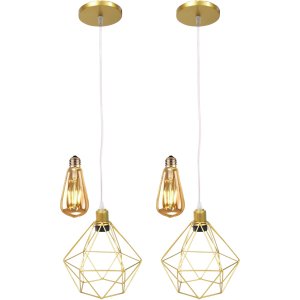 2 Pendentes Aramado Diamante Lustre Cabo Cristal Dourado + 2 Lãmpadas Led St64 Vintage Retrô Agp Ilu