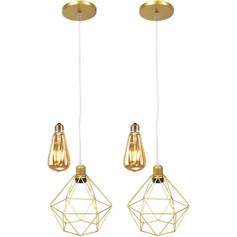 2 Pendentes Aramado Diamante Lustre Cabo Cristal Dourado + 2 Lãmpadas Led St64 Vintage Retrô Agp Ilu