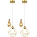 Ver imagem 1 de 2 Pendentes Aramado Diamante Lustre Cabo Cristal Dourado + 2 Lãmpadas Led St64 Vintage Retrô Agp Ilu